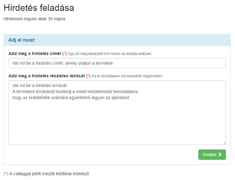 Piacod.hu Hirdetésfeladás második lépés